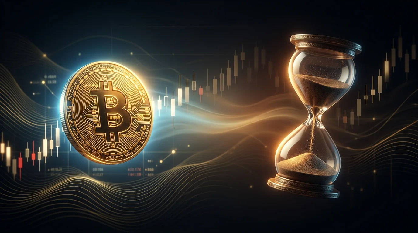 Golden Bitcoin coin floating beside a translucent hourglass with the sand nearly run out, against a dark background with Japanese candlesticks and golden waves, cool light around the coin and warm light around the hourglass