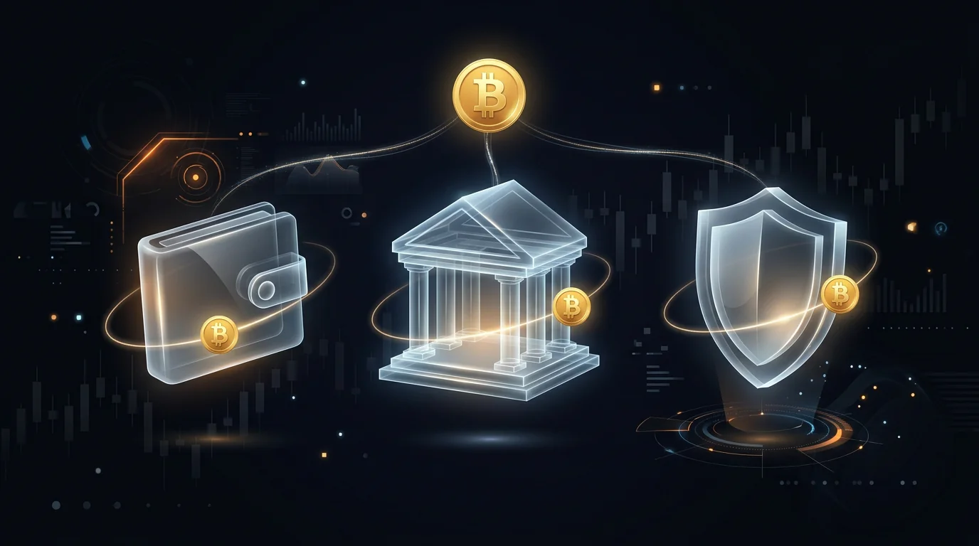 Tres estructuras traslúcidas flotando una junto a otra -- una cartera hardware, un edificio con columnas y un escudo -- cada una orbitada por una moneda de Bitcoin dorada, sobre un fondo oscuro con velas japonesas