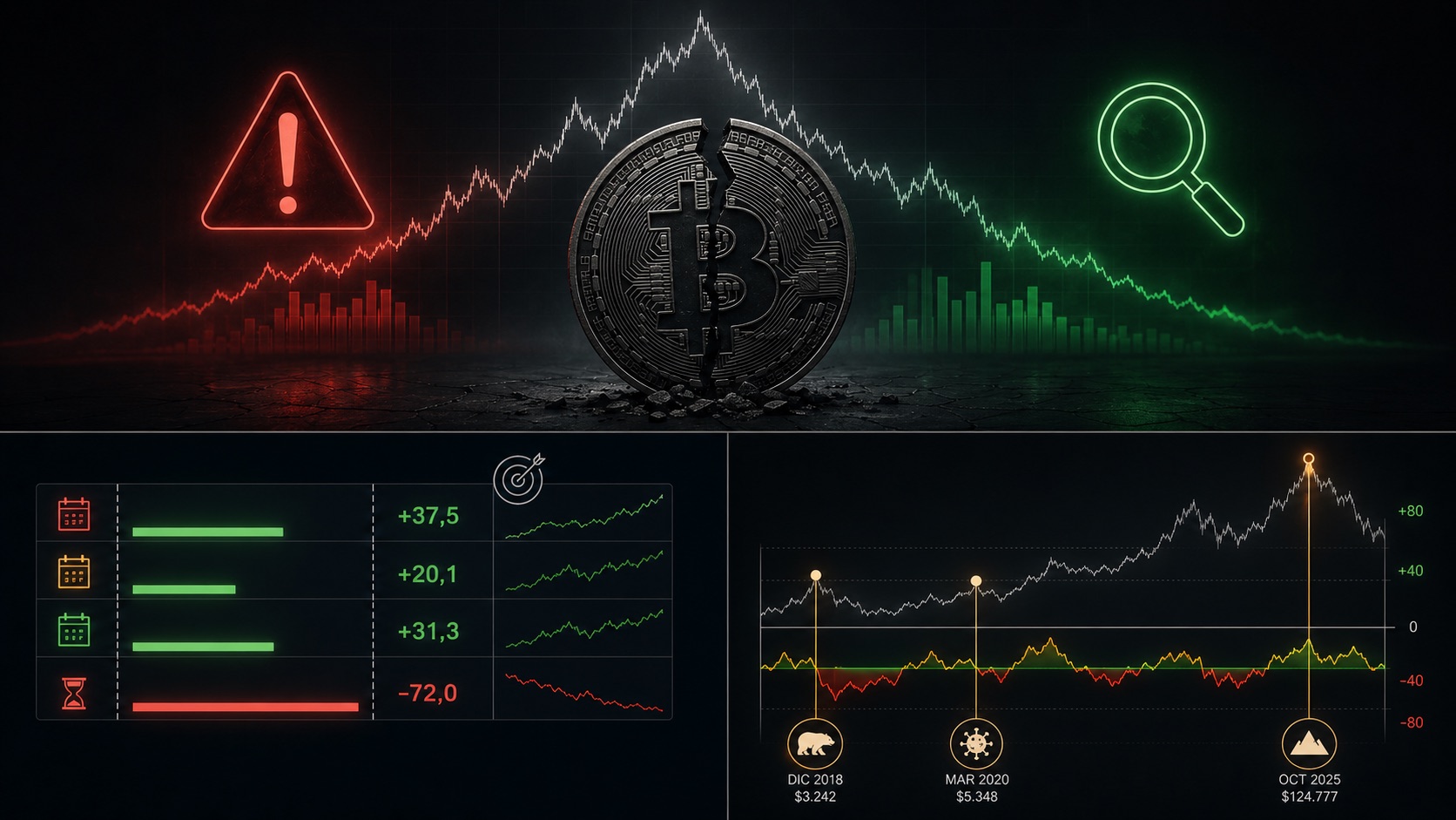 Collage ilustrando los fallos del Score: un aviso de alerta, una moneda de Bitcoin agrietada entre una subida y una caída de precio, una lupa de investigación, y dos paneles de datos con el exceso de retorno a distintos horizontes y los grandes suelos/techos del ciclo marcados en el precio