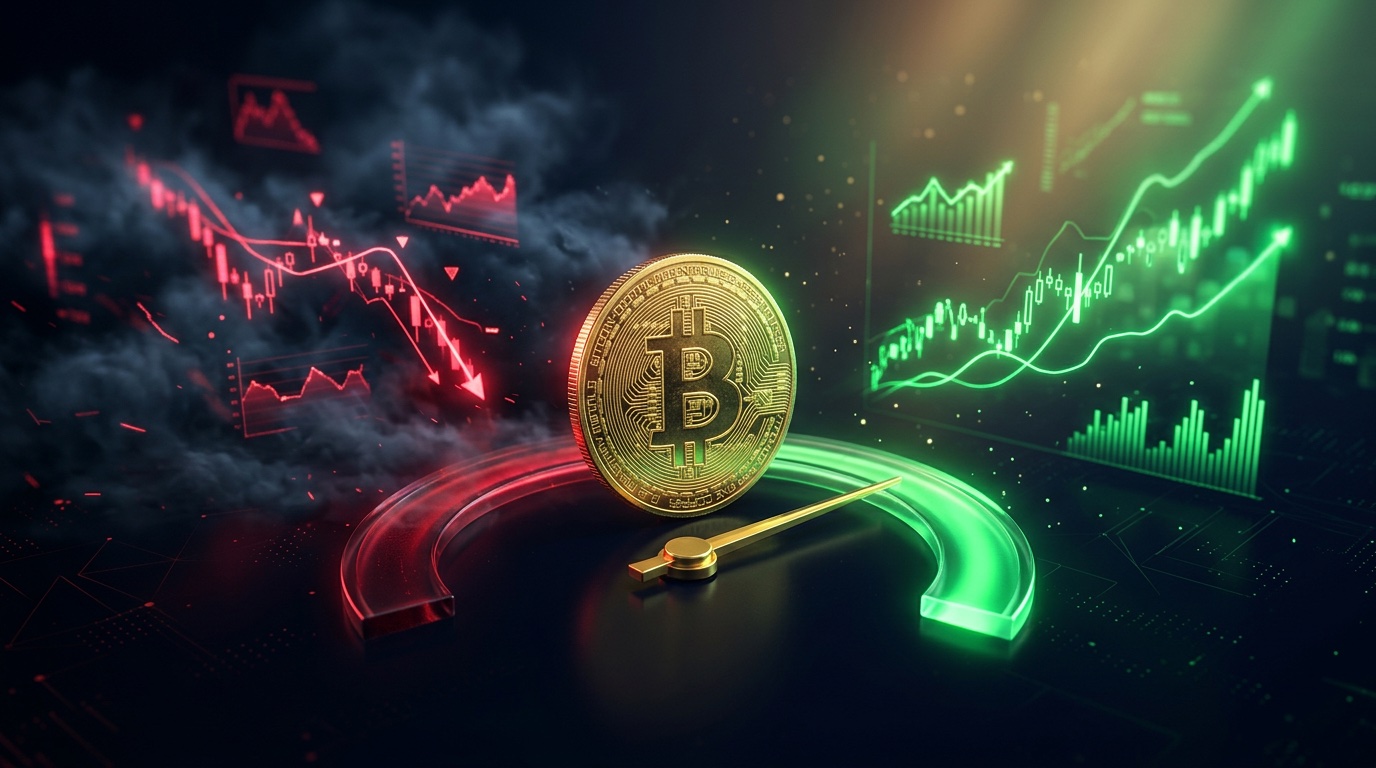 Moneda dorada de Bitcoin sobre un medidor en arco del rojo al verde: a su izquierda, gráficos rojos descendentes entre humo; a su derecha, gráficos verdes ascendentes