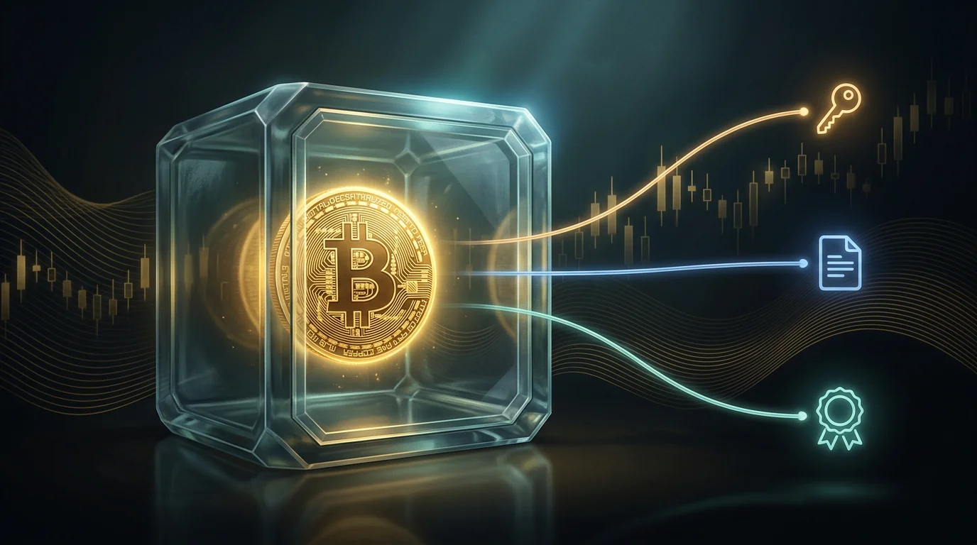 Golden Bitcoin coin inside a translucent glass vault, with three threads of light extending toward a key, a document, and a seal icon, against a dark background with golden waves and Japanese candlesticks