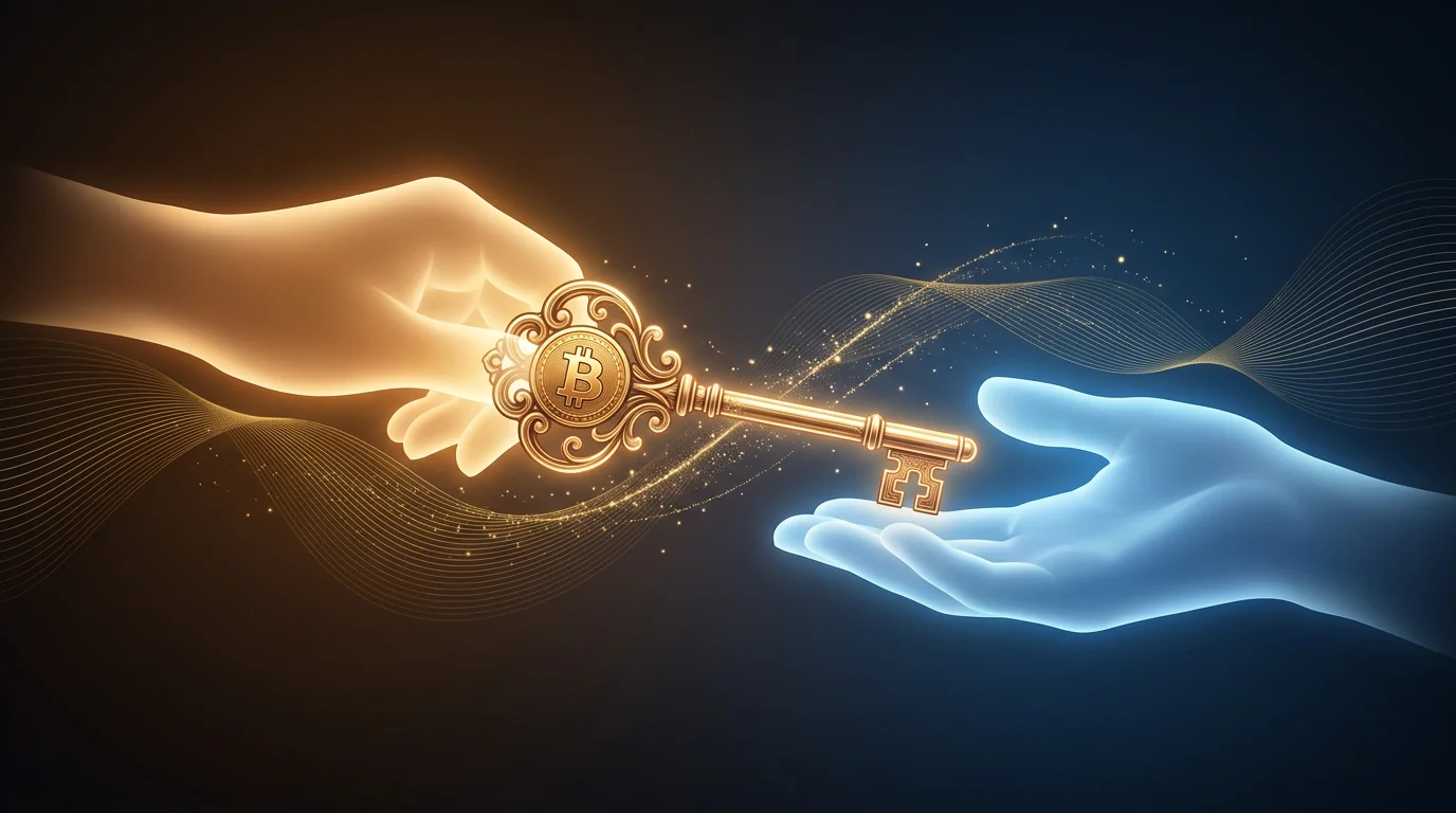 A golden key engraved with the Bitcoin symbol, passing from a warm-toned hand of light to a blue-toned hand of light, against a dark background with a warm-to-cool gradient