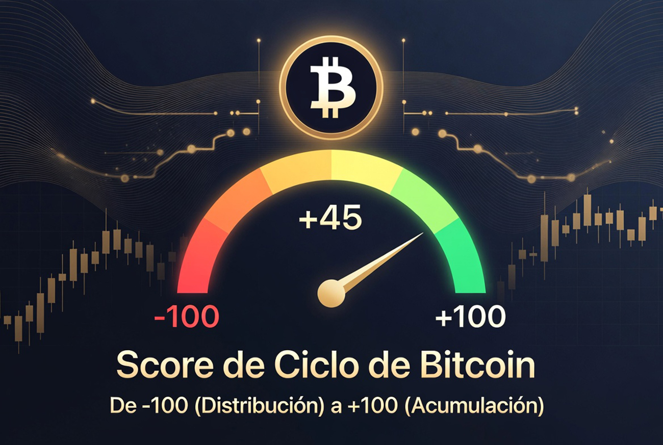 Gauge del Score de ciclo de Bitcoin, de -100 (distribución) a +100 (acumulación), con velas japonesas de fondo