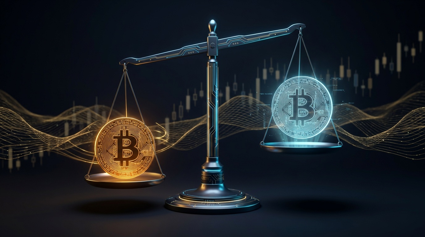 Balanza metálica con dos versiones de la misma moneda de Bitcoin: una dorada y sólida frente a una holográfica azul, sobre un fondo de ondas doradas y velas japonesas