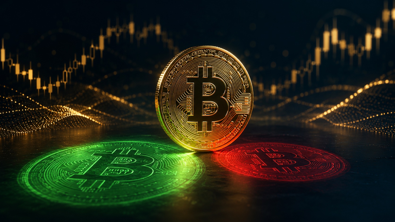 Golden Bitcoin coin standing and casting two glowing shadows on the ground: one green, one red, representing unrealized profit and loss