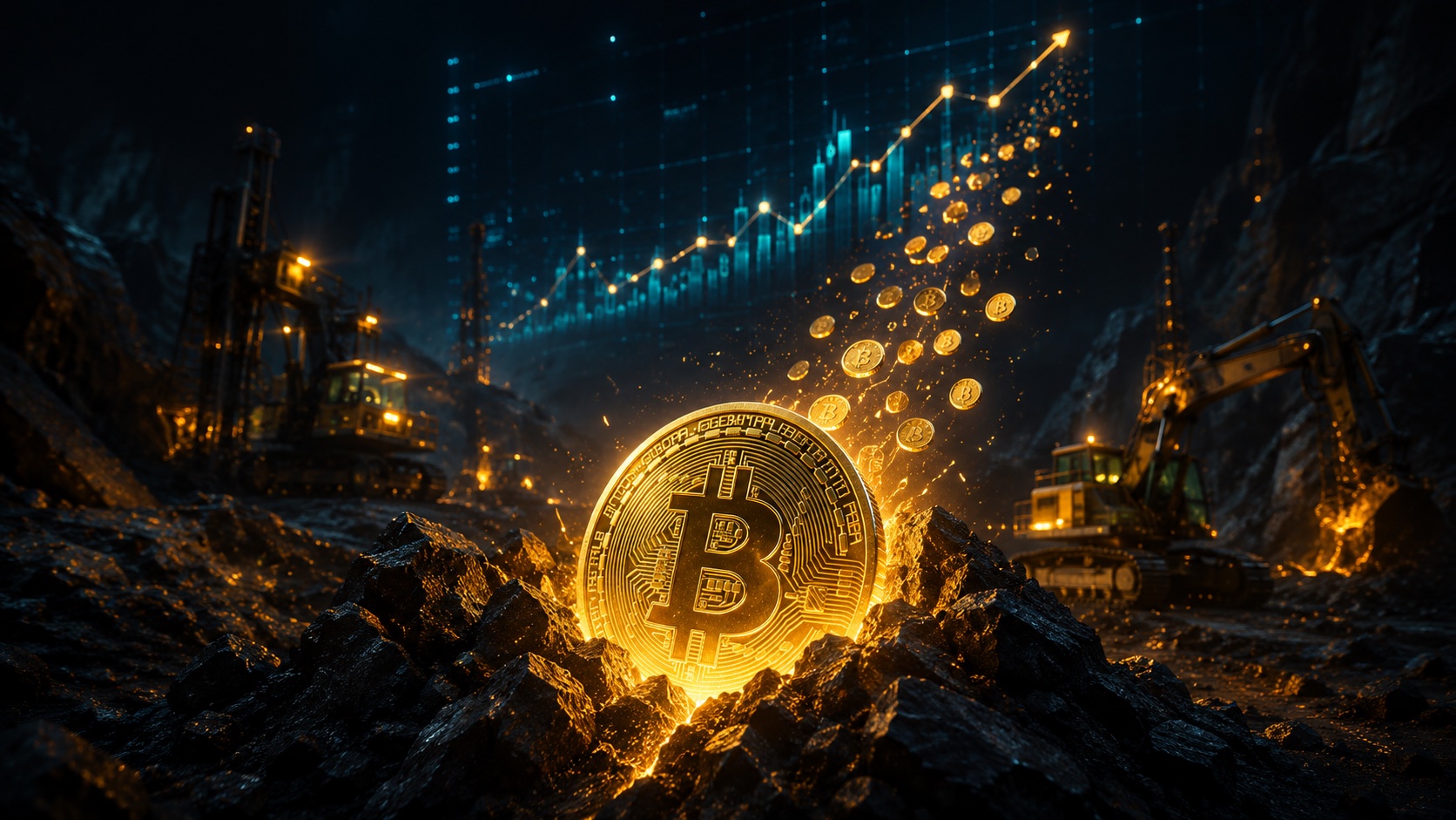 Moneda dorada de Bitcoin incandescente emergiendo de roca oscura en una mina, rodeada de excavadoras, con una estela de pequeñas monedas ascendiendo hacia un gráfico al alza