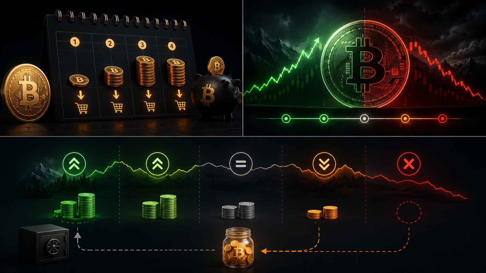 Collage ilustrando el DCA: calendario con aportaciones periódicas crecientes comprando Bitcoin, una moneda de Bitcoin partida entre subida y bajada, y el mecanismo de reserva del Score DCA moviendo aportaciones entre fases